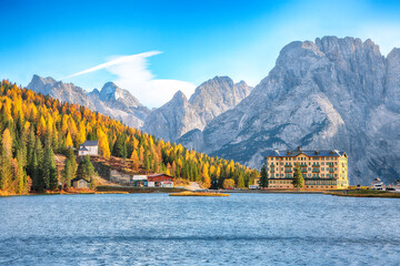 Wall Mural - fantastic sunny view of famous misurina lake during autumn period