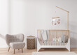 © Creative_Bird - Empty white wall in modern child room. Mock up interior in scandinavian style. Copy space for your picture or poster. Bed, armchair, rattan basket. Cozy room for kids. 3D rendering.