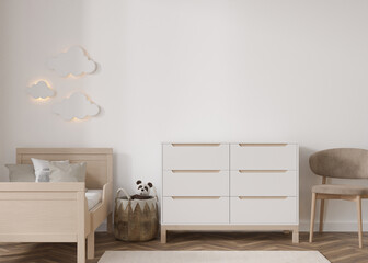 Wall Mural - Empty white wall in modern child room. Mock up interior in scandinavian style. Copy space for your picture or poster. Bed, chair, rattan basket, sideboard, toys. Cozy room for kids. 3D rendering.