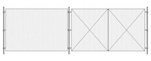 Metal Wire Fence And Gate. Chain-link Fence Fragment With Metallic Pillars. Secured Territory, Protected Area Or Prison Fencing. Wire Grid Construction