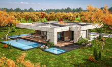 3d Rendering Of New Concrete House In Modern Style With Pool And Parking For Sale Or Rent And Beautiful Landscaping On Background. The House Has Only One Floor Clear Sunny Autumn Day With Golden Leavs