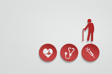 Wall Mural - elderly health concept, red paper cut with health and medical icon on grunge grey background with copy space