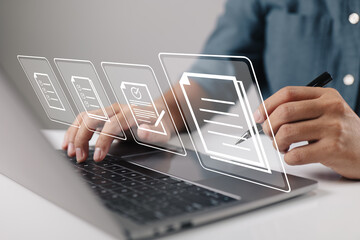 Aufkleber - Ideas for a paperless workplace, electronic signatures, and document management. A businessman signs an electronic document that is displayed on the screen of a virtual notebook using a stylus pen.