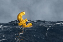 Golden Pound Sign Floating In The Fierce Ocean. Illustration Of The Concept Of Financial Fluctuation Of British Currency.