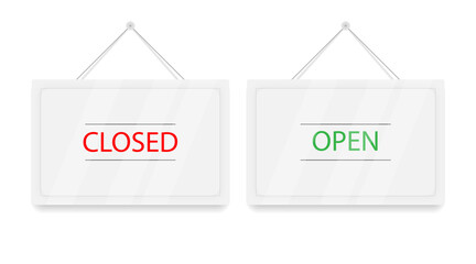 Red Closed and green Open hanging door signs. White sign with shadow isolated on background. Realistic vector illustration