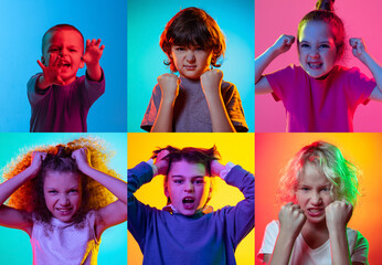 Wall Mural - Children's emotions. Set of portraits of little cute kids, boys and girls isolated on multicolored background in neon light. Education, wow emotions, facial expression