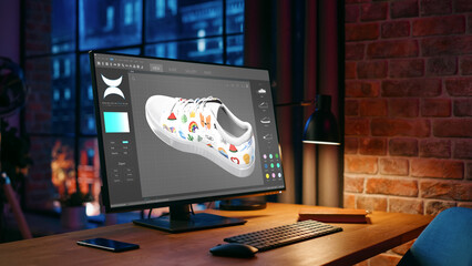 Poster - Desktop Computer Monitor Standing on a Table with 3D Design Softwear Processing a Model of Shoe. Cozy Empty Loft Apartment with Big Window with a Lamp, Notebook and Smartphone on the Table.