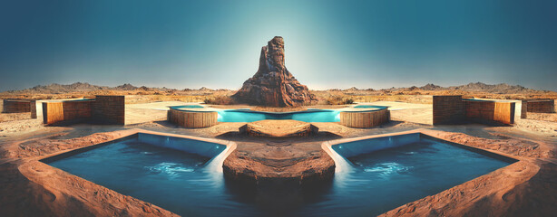 Sea water pool in the middle of a sandy desert. Rest in an oasis. Desert landscape at sunset with a swimming pool. 3D illustration.