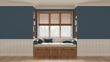 Classic Window With Siting Bench And Pillows. Wooden Venetian Blinds, Bookshelf And Decors. Blue Walls With Copy Space For Text. Modern Interior Design