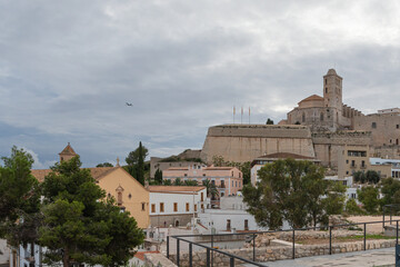 dalt vila neighborhood in the background its virgen de las nieves cathedral in the city of ibiza