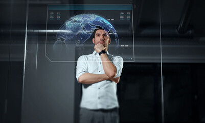 Wall Mural - business, future technology and people concept - businessman looking at earth projection virtual scr