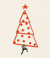 Fototapete - Contemporary art collage. Creative design. Businessman carrying big drawn christmas tree. Party preparation