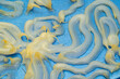 Arte astratto con colla calda sciolta su sfondo canvas metallizzato blu, macro