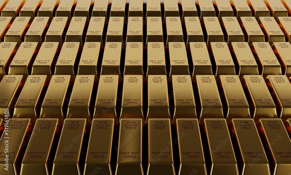 Pure gold bullion bars in bank vault storage. 1kg 999,9 Fine Gold bar ...