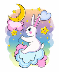 Wall Mural - Cute cartoon white bunny and moon. Sweet dreams print, vector card