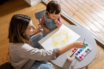 Poster - family, motherhood and leisure concept - mother spending time with her little daughter and drawing sun at home