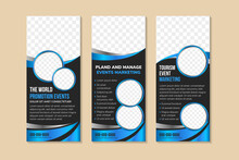 Promotion Event Marketing Roll Up Banner Design Template. Poster Design With Space Of Photo And Text. Vertical Print Ready. Combination Of Blue Grey Gradient On Element And Black Background