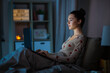 canvas print picture - technology, bedtime and people concept - teenage girl with laptop computer sitting in bed at home at night