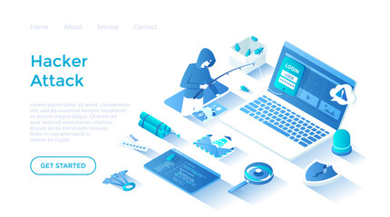 Hacker Attack. Hacker steal credit card. Thief fishing personal information on laptop. Virus, spam and security. Hacking concept. Landing page template for web on white background.