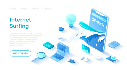 Wall Mural - Internet surfing, Online search. Web chat, social media, online education, messenger communication, freelance work, business, news. Landing page template for web on white background.