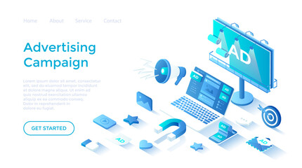 Wall Mural - Effective advertising campaign. Promotion of goods and services using Outdoor Advertising, Internet ads, Direct marketing. Landing page template for web on white background.
