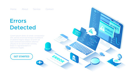 Errors detected. Computer viruses, hacker attack, 404 error page not found. Alert messages, bugs, infected files, spam. Landing page template for web on white background.