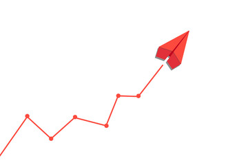 Red paper plane isolated on white background, concept of volatility in business and investment, graph with arrow up