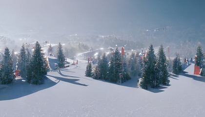 Winter landscape and ski resort, snowy fir trees. Rest in the mountains in winter. Mountain slopes in the snow. Winter season. 3D illustration.