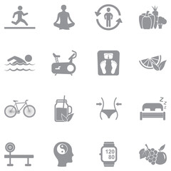  Healthy Life Icons. Gray Flat Design. Vector Illustration.