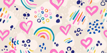Abstract Seamless Background With Hearts And Hand Drawn Details.Modern Background For The Design Of Textiles, Covers, Wallpapers, Fabric, Promotional Material And More. Vector Illustration.