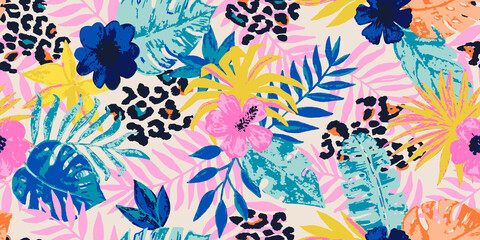 Seamless pattern with watercolor tropical leaves and hand drawn leopard spots. Floral background for the design of textiles, covers, wallpapers, fabric, promotional material and more. Vector