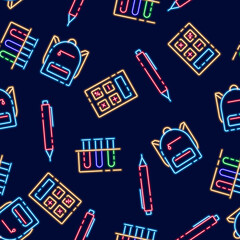 Wall Mural - Backpack, calculator, pen and test tubes neon seamless pattern. Vector Background with school signs