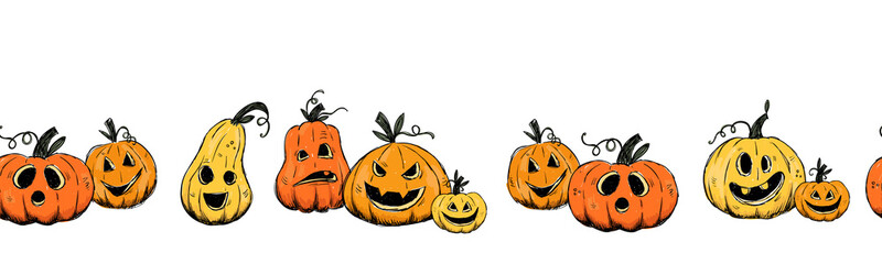 Wall Mural - Cute hand drawn Halloween seamless pattern with pumpkins, great for textiles, surfaces, banners, wallpapers