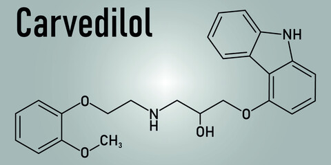 Sticker - Skeletal formula of Carvedilol congestive heart failure drug molecule.