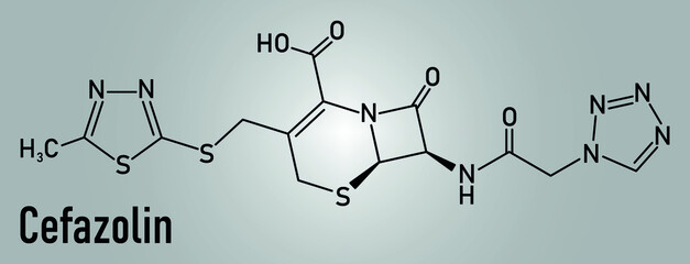 Poster - Skeletal formula of Cefazolin antibiotic drug molecule. First-generation cephalosporin antibiotic used for the treatment of a number of bacterial infections.