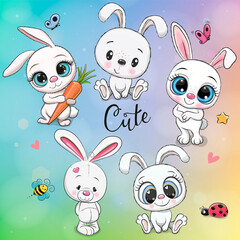 Wall Mural - cartoon white rabbits isolated on a rainbow background