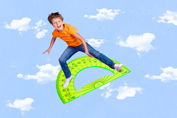 Wall Mural - Creative collage picture of crazy excited small boy stand protractor flight painted clouds sky background