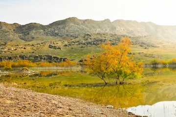 Wall Mural - Mravaltskaro reservoir in autumn with tent and white desert canyons in background. Georgia travel destination in autumn