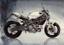 Watercolor Illustration Of A Custom Motorcycle On A Grey Background With It’s Shadow