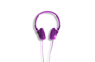 Poster - Computer headphones. Violet headphones on a white background. The concept of listening to music, creating audio, music. Computer work, abstraction and minimalist style.