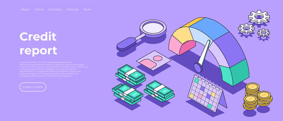 Credit score or rating concept in isometric style vector illustration. Loan history meter, scale for creditworthiness report. Landing page for credit report theme. Positive rating. Vector illustration