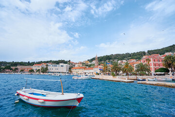 Wall Mural - Hvar Old Town Promenade. Sea coast in Dalmatia,Croatia. A famous tourist destination on the Adriatic sea.