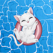 Biały kot bawiący się w wodzie, pływający w różowym dmuchanym kole. Kotek w basenie. Ręcznie rysowany uroczy mały kot na wakacjach. Letnia ilustracja.
