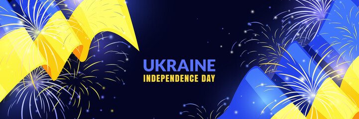 Wall Mural - 24 of August Ukraine Independence Day. Banner, poster frame with fireworks and Ukrainian flag. Vector white background