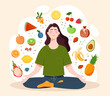 Mindful eating concept. Young woman, surrounded by tasty and healthy vegetables and fruits, sits in lotus position. Healthy daily diet and balanced lifestyle. Cartoon flat vector illustration