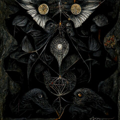 Dark Magical Portal with Carved Raven Heads and Feathers