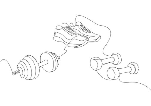 Fitness set with sneakers and dumbbell one line art. Continuous line drawing of sport, strength, fitness, activity, active, wellness, weightlifting, weight, workout, athlete kettlebell, adjustable