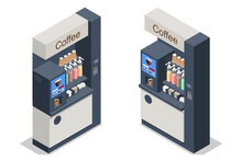Isometric Self-service Coffee Machines Offer Consistent Quality Coffee. Vending Machine With Coffee In The Supermarket. Self Service Coffee Machine