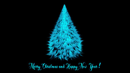Aufkleber - Merry Christmas and Happy New Year greeting card, poster, banner. Holiday cover design with beautiful abstract Christmas tree in modern glowing blue light line style isolated on black background. 
