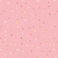 Stars, Confetti And Sparkle Elements Pink Girly Background Illustration Pattern.